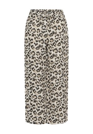 Leopard print trousers in a lightweight fabric with a relaxed fit, featuring an elastic waistband with a tie detail and tapered legs.