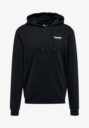 Czarna bluza z kapturem, wykonana z mieszanki bawełny, z przednią kieszenią, sznurkiem ściągającym oraz małym białym logo na górnej lewej części klatki piersiowej.