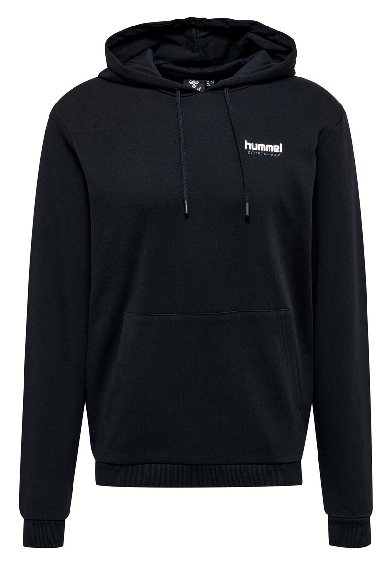Sweatshirt à capuche noir en mélange de coton, avec une poche avant, un cordon de serrage, et un petit logo blanc en haut à gauche de la poitrine.