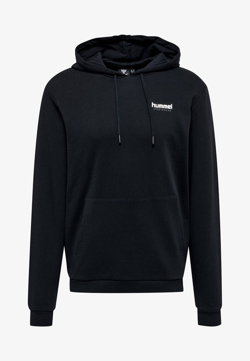 Czarna bluza z kapturem, wykonana z mieszanki bawełny, z przednią kieszenią, sznurkiem ściągającym oraz małym białym logo na górnej lewej części klatki piersiowej.