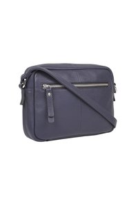 Navy-blaue Leder-Crossbody-Tasche mit strukturiertem Finish, vorderer Reißverschlusstasche und verstellbarem Tragegurt. Rechteckige Form mit silbernen Hardware-Akzenten.