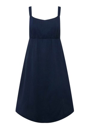 Námořnické modré šaty bez rukávů, čtverec výstřihu, texturovaná tkanina a rozšířený silueta. Disponují elastickým pasem pro pohodlí.