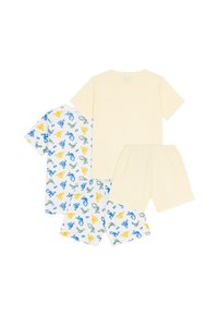 Δύο σετ παιδικής πυτζάμας: ένα κίτρινο ριγέ t-shirt, ένα t-shirt με μοτίβα σε μπλε, κίτρινο και πράσινο και αντίστοιχα σορτσάκια.