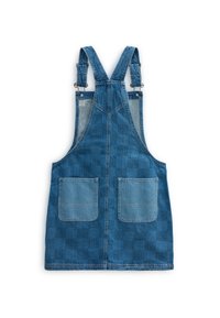 Blå denim hängselklänning med justerbara axelband och två framfickor, med ett subtilt rutmönster.