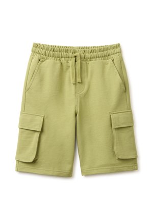 Hellgrüne Cargo-Shorts mit elastischem Bund, Kordelzug, Seitentaschen und großen Klappentaschen an jedem Bein.