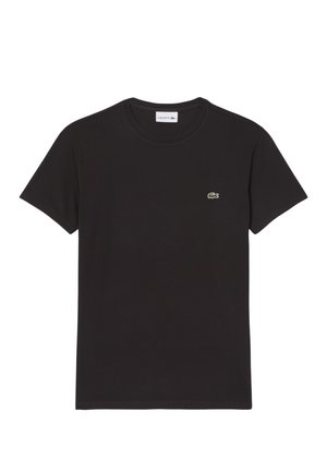 Čierne bavlnené tričko s okrúhlym výstrihom, krátkymi rukávmi a malým zeleným vyšívaným logom krokodíla na ľavej strane hrudníka.