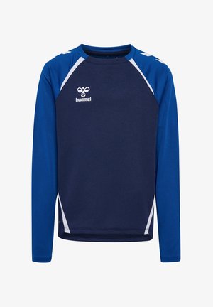 Długosleeve'owa koszulka sportowa w ciemnoniebieskim kolorze z jasnoniebieskimi akcentami. Posiada okrągły dekolt i siatkową teksturę. Logo marki z przodu.