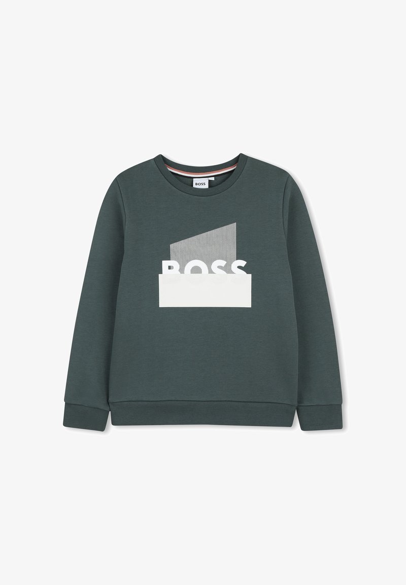 Felpa a maniche lunghe color verde scuro con scollo tondo, logo geometrico "BOSS" bianco e grigio sul petto, polsini e orlo a costine.