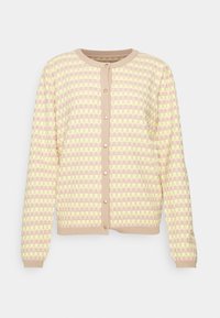 Dlouhý kardigan s žluto-béžovým kostkovaným vzorem, kulatým výstřihem a perlovými knoflíky po celé přední straně.