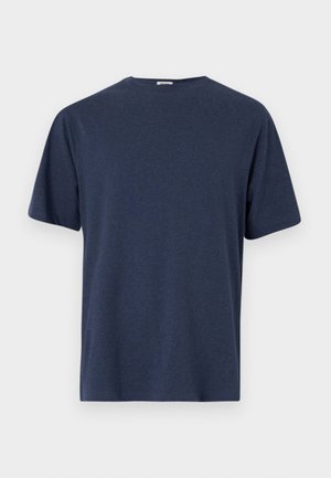 T-shirt a maniche corte blu navy realizzata in tessuto morbido, con scollo rotondo e vestibilità dritta e rilassata. Nessun motivo o dettaglio visibile.