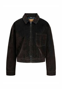 Zwarte corduroy geklede jasje met een voorste rits, puntige kraag en een enkele borstzak. Zachte textuur met een strakke vormgeving.