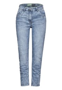 Light blue denim jeans with a faded finish, five pockets, and a slim fit design. Features stitching details and a button closure.
