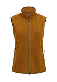 Braune Fleeceweste mit hohem Kragen, vorderem Reißverschluss und zwei seitlichen Taschen. Akzente in dunkler Farbe und orangefarbene Kordelzüge.