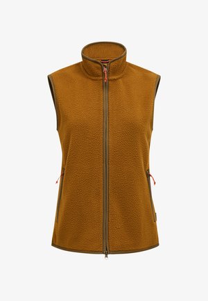 Braune Fleeceweste mit hohem Kragen, vorderem Reißverschluss und zwei seitlichen Taschen. Akzente in dunkler Farbe und orangefarbene Kordelzüge.
