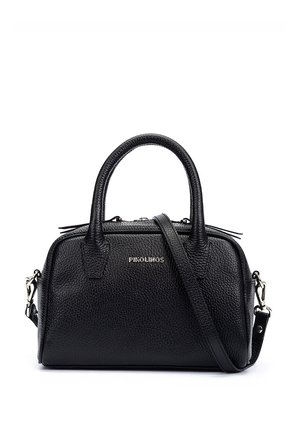 Sac à main en cuir noir texturé avec deux poignées, bandoulière amovible et fermeture éclair, marqué du logo "Pikolinos" sur le devant.