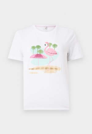 Bílé tričko s krátkými rukávy s grafikou růžového plameňáka, plážového deštníku, palm a písečné pláže.