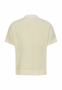 Korte mouwen, lichtgele blouse van gestructureerde stof met een ontspannen pasvorm en een eenvoudige rechte zoom. Geen zichtbare sluitingen.