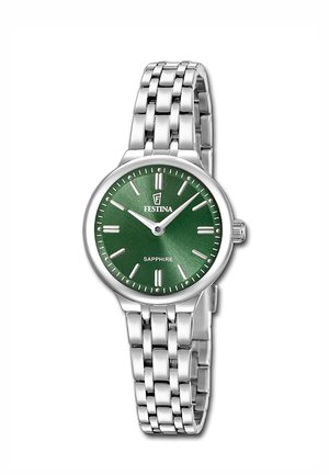 Montre-bracelet en métal argenté avec cadran rond vert, index et aiguilles argentés, marqué "Festina" et "Sapphire" sur le cadran.