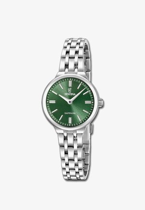 Montre-bracelet en métal argenté avec cadran rond vert, index et aiguilles argentés, marqué "Festina" et "Sapphire" sur le cadran.
