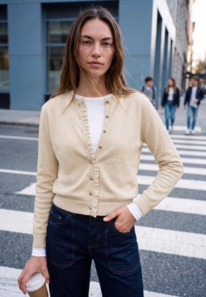 Street One Studio, CARDIGAN WITH A ROUND NECK AND RUFFLE DETAILS - Gilet - creamed sand mel