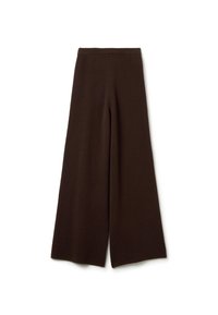 Wide-leg knit pants in dark brown with a high elastic waistband, displayed flat on a white background.