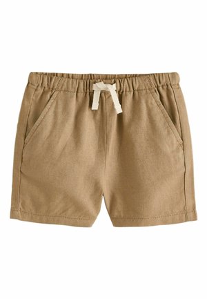 Braune Baumwollshorts mit elastischem Bund und Kordelzug, ausgestattet mit zwei Seitentaschen und einer glatten Textur, entworfen für Komfort.