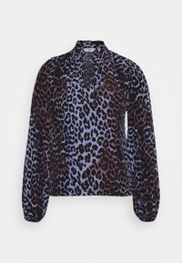 Leopardenmuster-Bluse mit langen Ärmeln, hohem Kragen und Schlüssellochdetails. Weicher, leichter Stoff in Blau-, Schwarz- und Brauntönen.