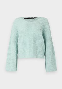 Pull cropped vert menthe clair avec un col en V, des manches longues et un tissu tricoté texturé. Il présente une coupe ample et une apparence douce.