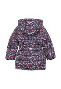 Marineblaue gepolsterte Jacke mit floralem Muster in Rot und Weiß, ausgestattet mit einer Kapuze, Außenzugband in der Taille und elastischen Bündchen.