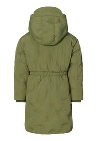 Olijfgroene pufferjas met een capuchon, gathers aan de taille, elastische manchetten en een doorgestikte textuur op de rug. Geen zichtbare hardware of patronen.