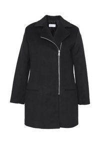 Cappotto in misto lana nero con colletto a punta, chiusura con zip singola, due tasche frontali e una silhouette leggermente oversize. Finitura in tessuto testurizzato.