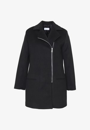 Cappotto in misto lana nero con colletto a punta, chiusura con zip singola, due tasche frontali e una silhouette leggermente oversize. Finitura in tessuto testurizzato.
