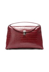 Burgundska torba za nošenje u ruci s reljefnim uzorkom krokodilske kože, pravokutnog oblika, sa sjajnim završetkom, strukturiranim tijelom i srebrnim metalnim kopčom.