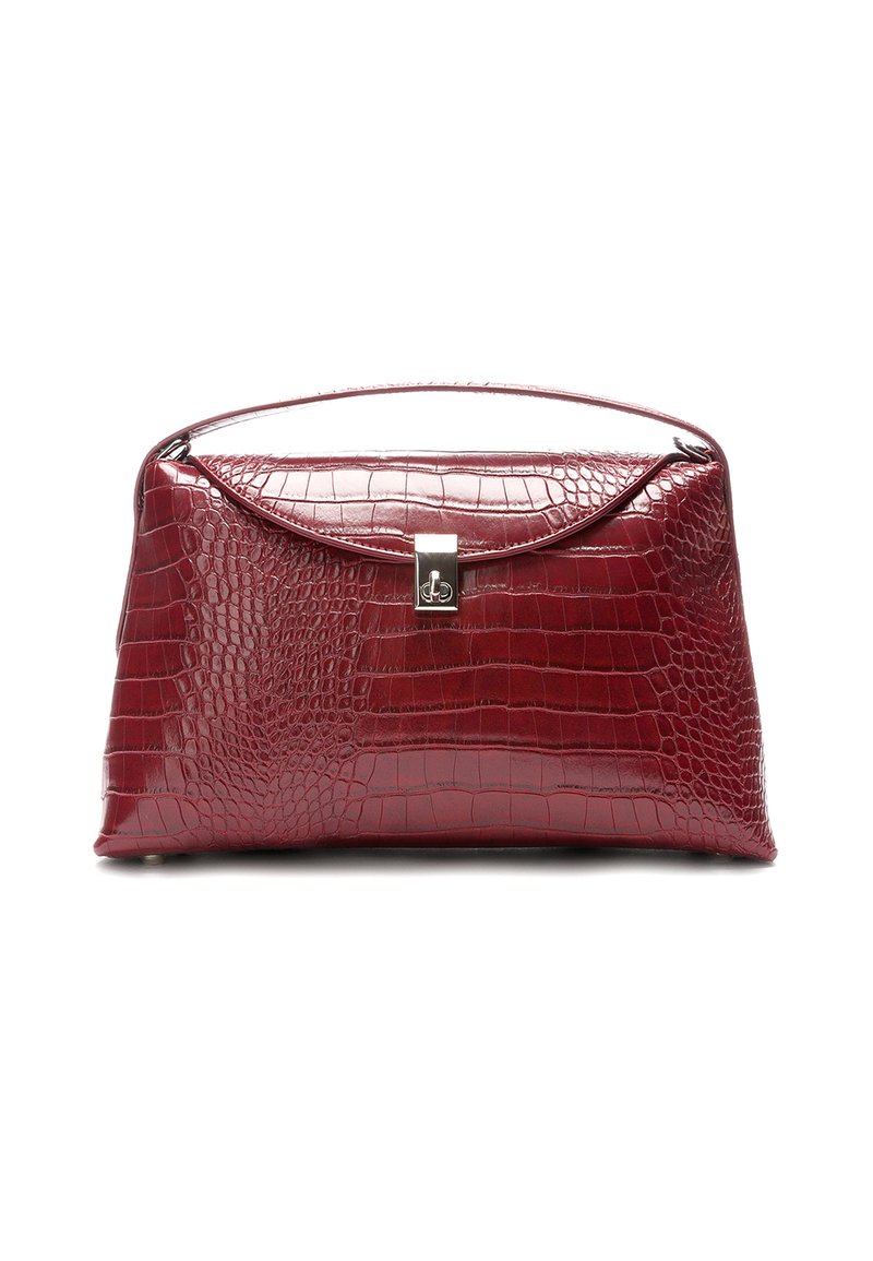 Burgundska torba za nošenje u ruci s reljefnim uzorkom krokodilske kože, pravokutnog oblika, sa sjajnim završetkom, strukturiranim tijelom i srebrnim metalnim kopčom.