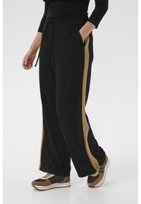 Persona valkā vaļīgas melnas bikses ar platiem brūniem sānu svītrām un brūnus un brūnganus sporta apavus, redzama no vidukļa līdz kājām.