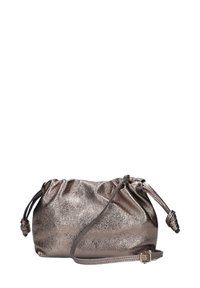 Metalen bronzen zakje met een verzameld ontwerp, textuurafwerking, trekkoordsluiting en een verstelbare strap.