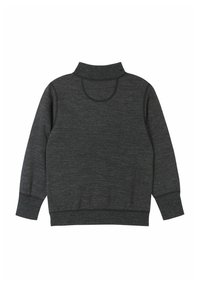 Ciemnoszary pulower z wysokim kołnierzem, długimi rękawami i miękką fakturą. Charakteryzuje się płaskimi szwami oraz prostym, funkcjonalnym designem.