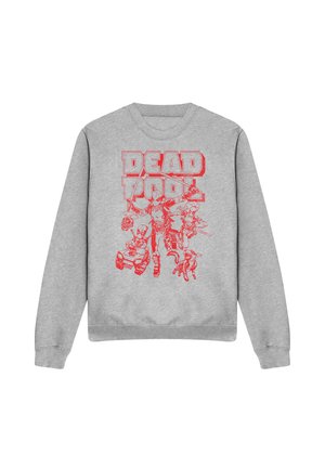 Gray sweatshirt with red Deadpool text and illustrations of Deadpool in action poses, holding swords and accompanied by small robot and dog characters.