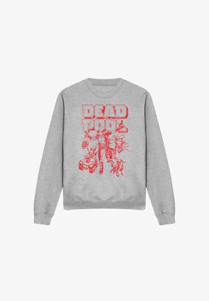 Gray sweatshirt with red Deadpool text and illustrations of Deadpool in action poses, holding swords and accompanied by small robot and dog characters.