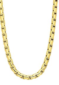 Gouden ketting met afwisselende rechthoekige en ovale schakels, met een glanzende afwerking en een gladde textuur in het hele ontwerp.
