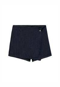Dark denim shorts with a wrap design and a front button accent. Features a clean hem and a smooth texture.