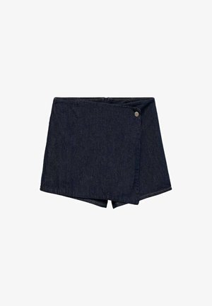 Temne denim kratke hlače z ovitim dizajnom in sprednjim gumbom. Imajo čist rob in gladko teksturo.