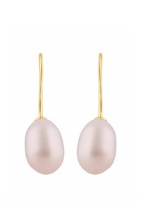 Náušnice visiace v zlatej farbe s veľkými hladkými svetloružovými perlami so mierne nepravidelným tvarom. Minimalistický dizajn s jemnými háčikmi.