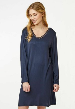 Navy blue long-sleeve nightdress with a V-neckline and lace trim. Smooth fabric, knee-length, loose fit, and minimalistic design.
