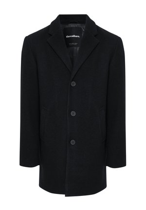 Sort uldfrakke med en struktureret form, enkeltbrystet design, klapkrave, fem knapper og sidelommer. Glat tekstur.