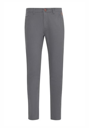 Grijze katoenen broek met een aansluitend ontwerp, voorzien van een knoopsluiting, standaardzakken en een gladde textuur.