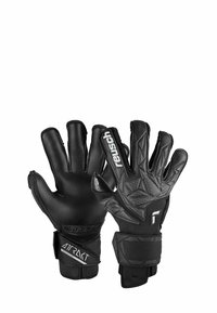 Gants de gardien noirs avec une prise texturée sur le dos de la main, des bouts de doigts renforcés et des sangles de poignet ajustables pour un ajustement sécurisé.