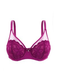 Soutien-gorge en fuchsia vif avec des détails en dentelle florale et des panneaux en maille transparente. Il comprend un nœud central et des bretelles ajustables pour un ajustement personnalisé.