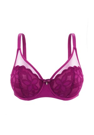 Beha in levendig fuchsia met bloemenkant en doorschijnende gaasdetails. Beschikt over een centrale strik en verstelbare bandjes voor maataanpassing.