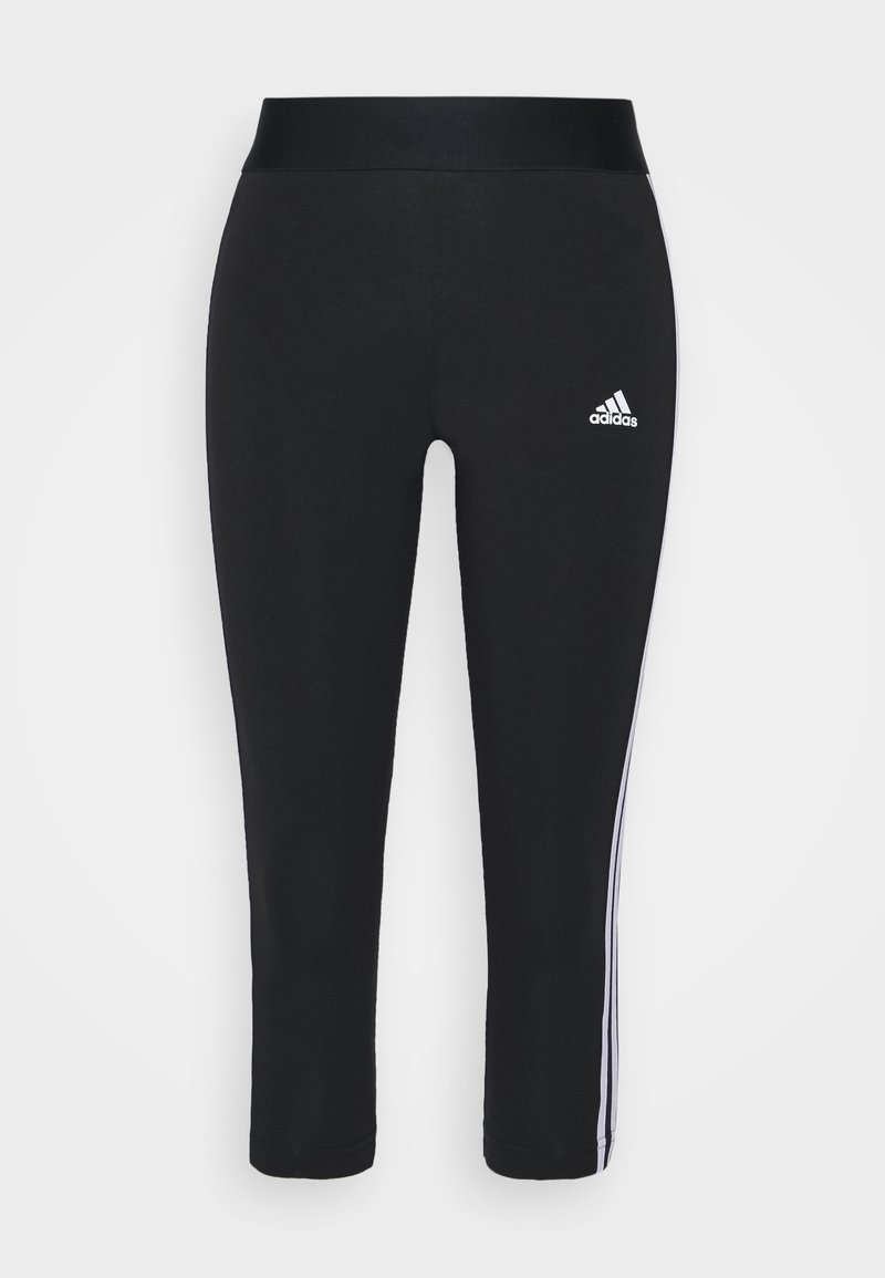 Black Adidas leggings with white side stripes and logo on the left thigh, featuring a high waistband and ankle-length fit.